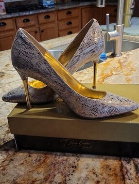 Thalia Sodi Snake-Embossed Pointed Pumps in Metallic Taupe with Gold Heel